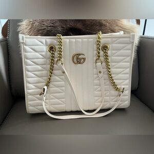 Off-White Quilted Tote with Gold Chain